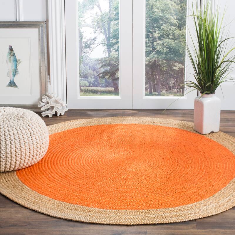 SAFAVIEH Handmade Natural Fiber Charlyne Bordered Round Jute Rug - 10' Round - Orange/Natural