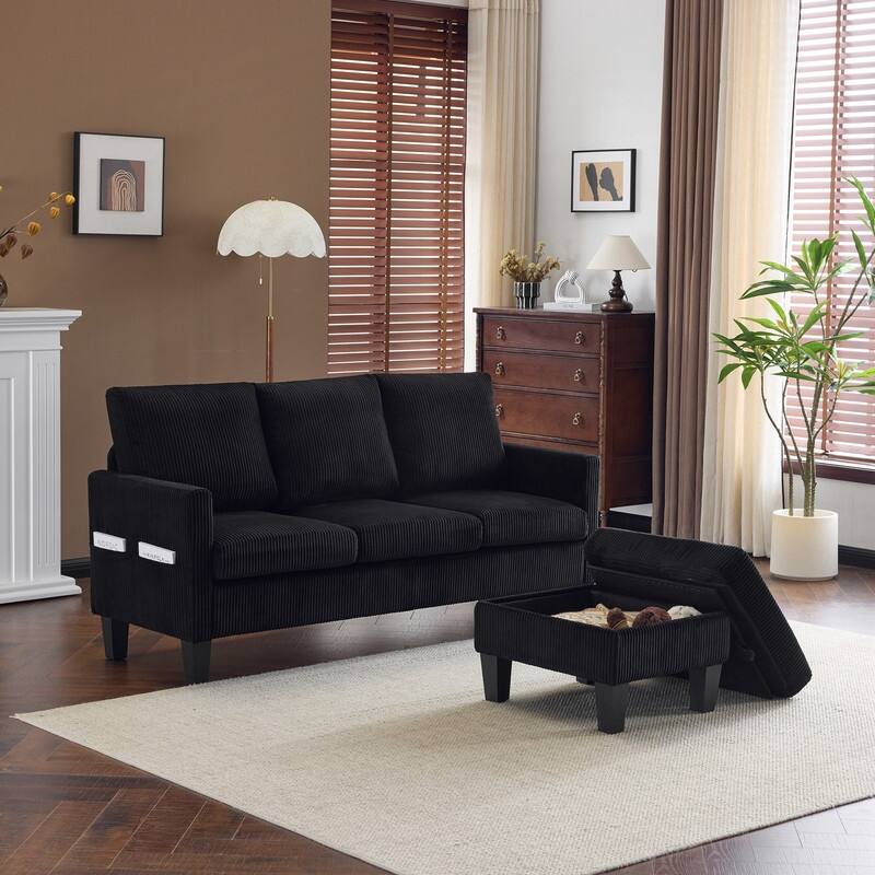 68.5'' W 3-Seat Square Arm Corduroy Couch with Storage Ottoman
