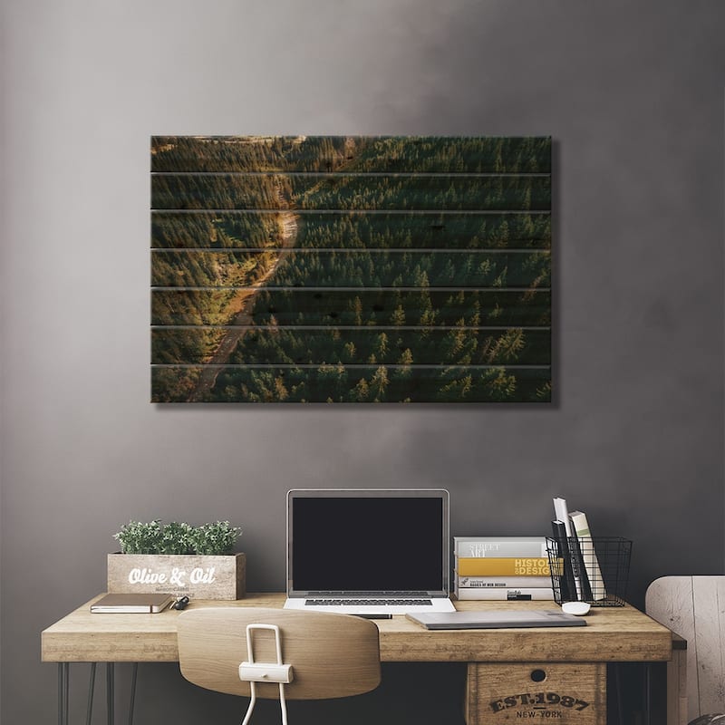 Road Through The Trees Print On Wood by Sebastian Hilgetag - Multi-Color