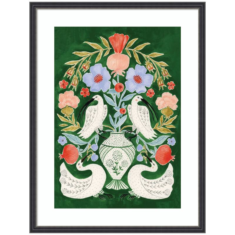 Kate and Laurel Floral Folklore Ibises and Swan by Jill Labieniec Framed Wall Art Print - 19 x 25 - Black