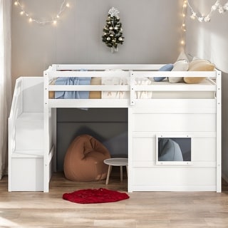 Twin Loft Bed with Storage Staircase & Window, White