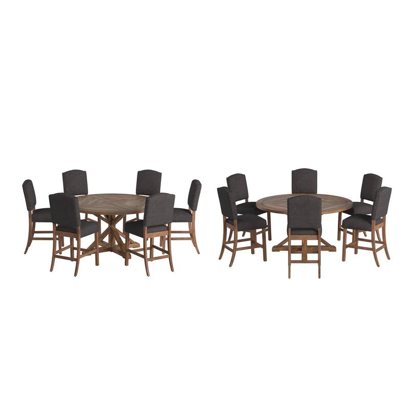 Krakova X-Base Round Table With Premium Tufted Nailhead Upholstered Chairs Set - Black/Grey
