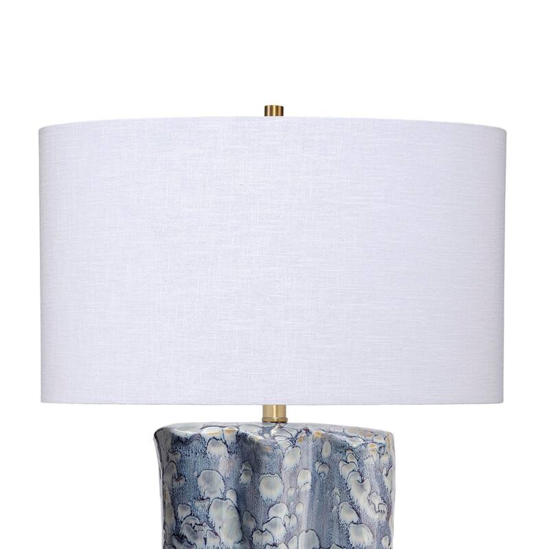 Flix Accent Table Lamp, 28 Inch, White Linen, Blue Scalloped Ceramic