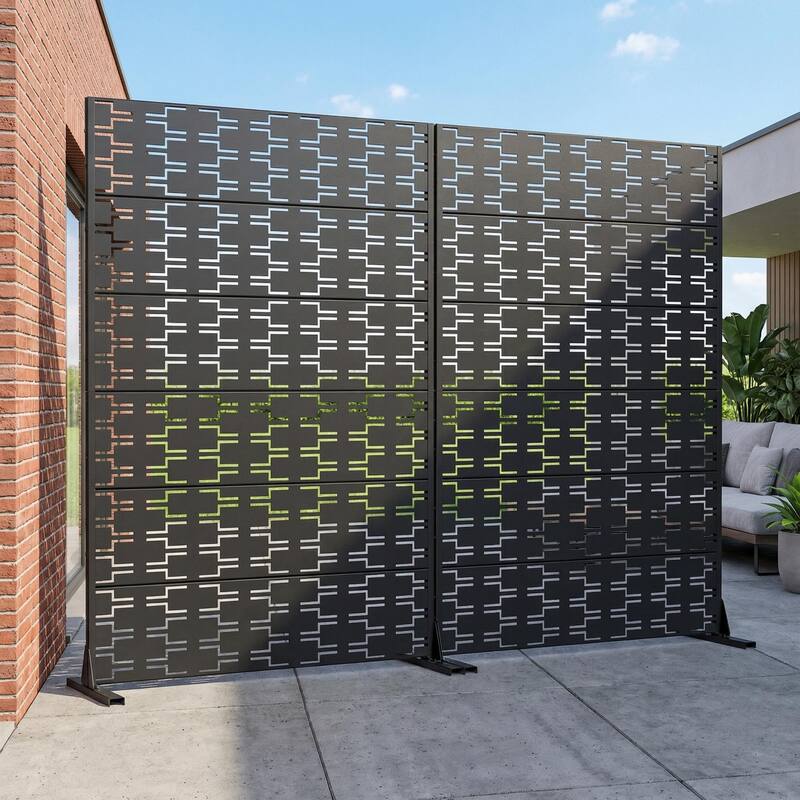 Outdoor Privacy Screen Metal Screen Fence Panel Set of 2 - Black - 72"x47"