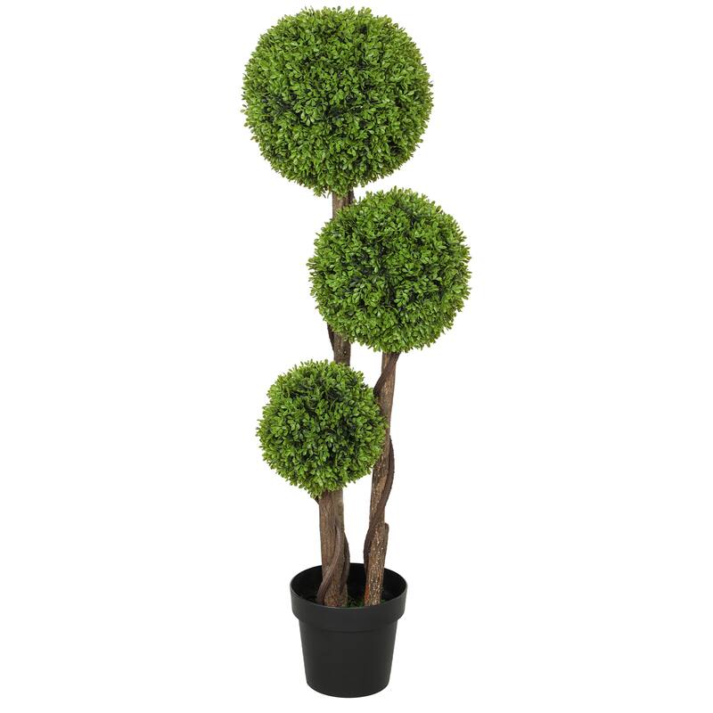 HOMCOM Artificial Plant for Home Decor Indoor & Outdoor Fake Plants Artificial Tree in Pot, 3 Ball Boxwood Topiary Tree