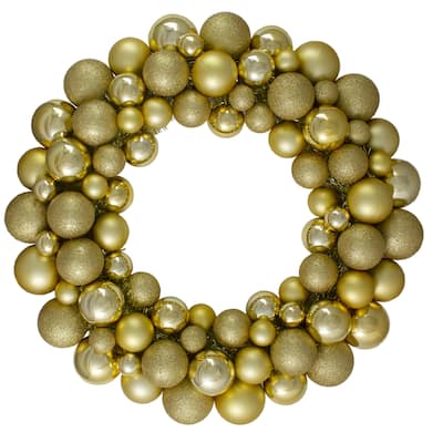 Vegas Gold 3-Finish Shatterproof Ball Christmas Wreath - Unlit