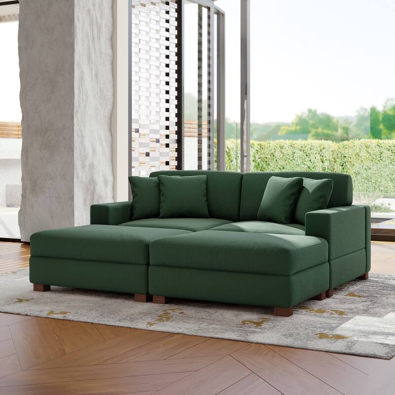 Modular Corduroy Sectional Sofa Set Chaise Couch with Ottoman - Hunter Green-4 Piece/2