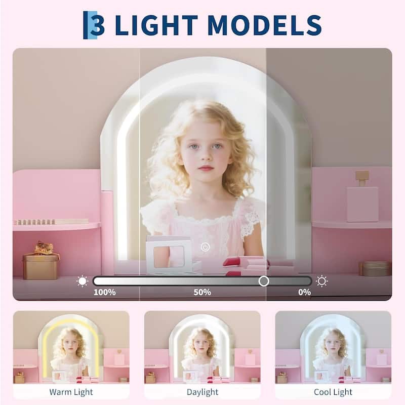 2 in 1 Kids Vanity Table & Stool with Lighted Mirror, Bookshelf and Makeup Palyset