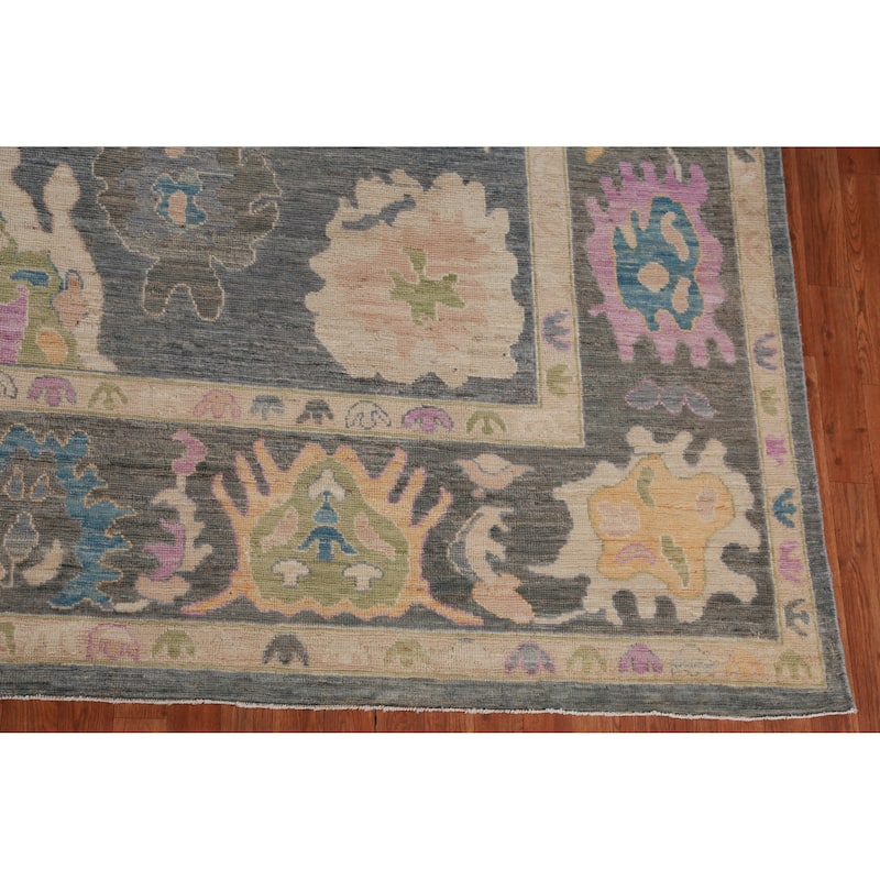Hand Knotted Oriental 100% Wool Carpet Transitional All-Over Greys & Charcoal Oushak Area Rug - 14' 4'' X 9' 11''
