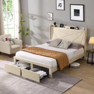 Queen 2 Storage Drawers Bed Frame with USB Charging Stations - Bed Bath ...