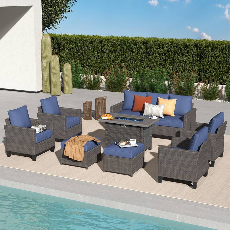 Patio 8-piece Wicker Sectional Sofa Set with Fire Pit