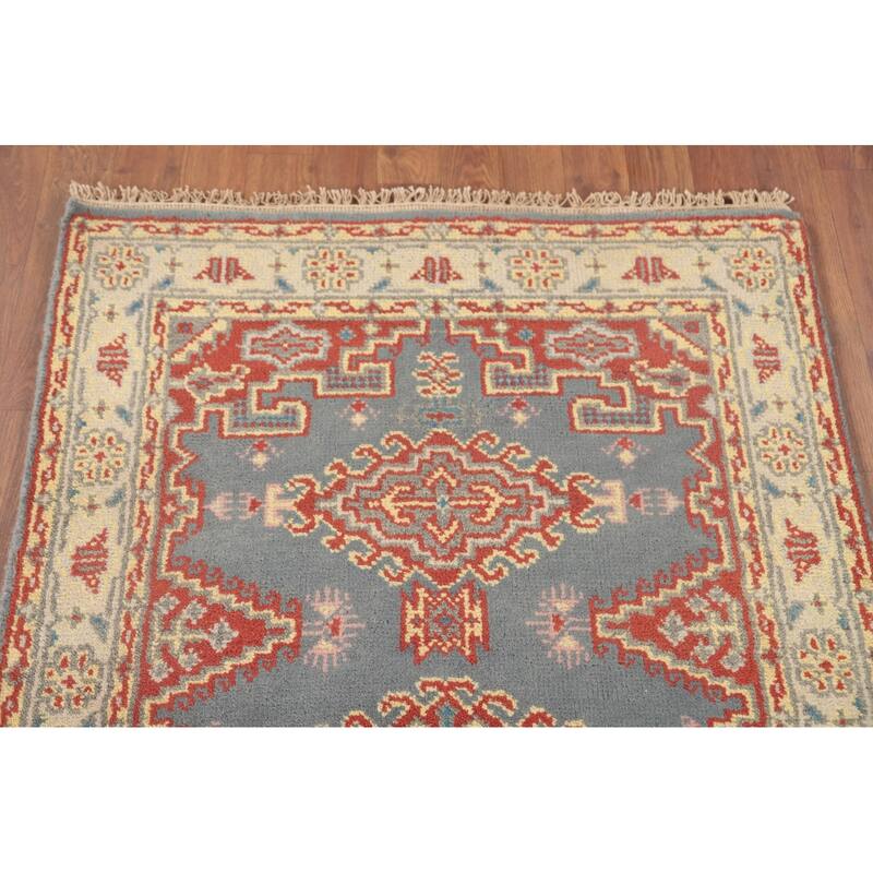 Gray Geometric Kazak Accent Rug Hand-Knotted Oriental Wool Carpet - 2'11"x 5'1"