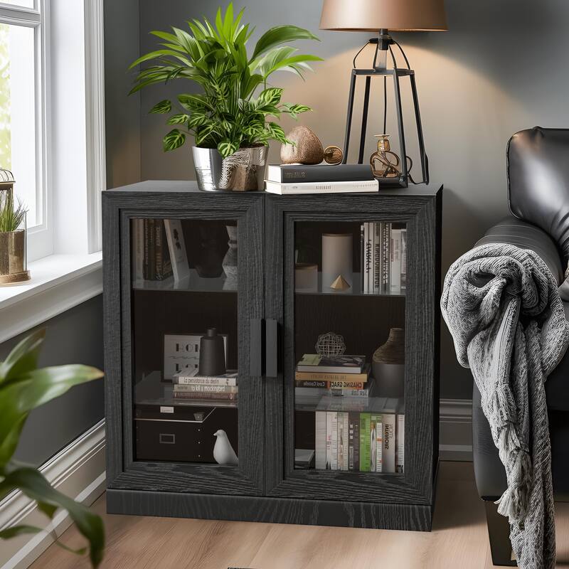 Wood Bookshelf Storage Cabinet with 2 Glass Door and Adjustable Shelf for Kitchen Bedroom Entryway Living Room Dinning Room