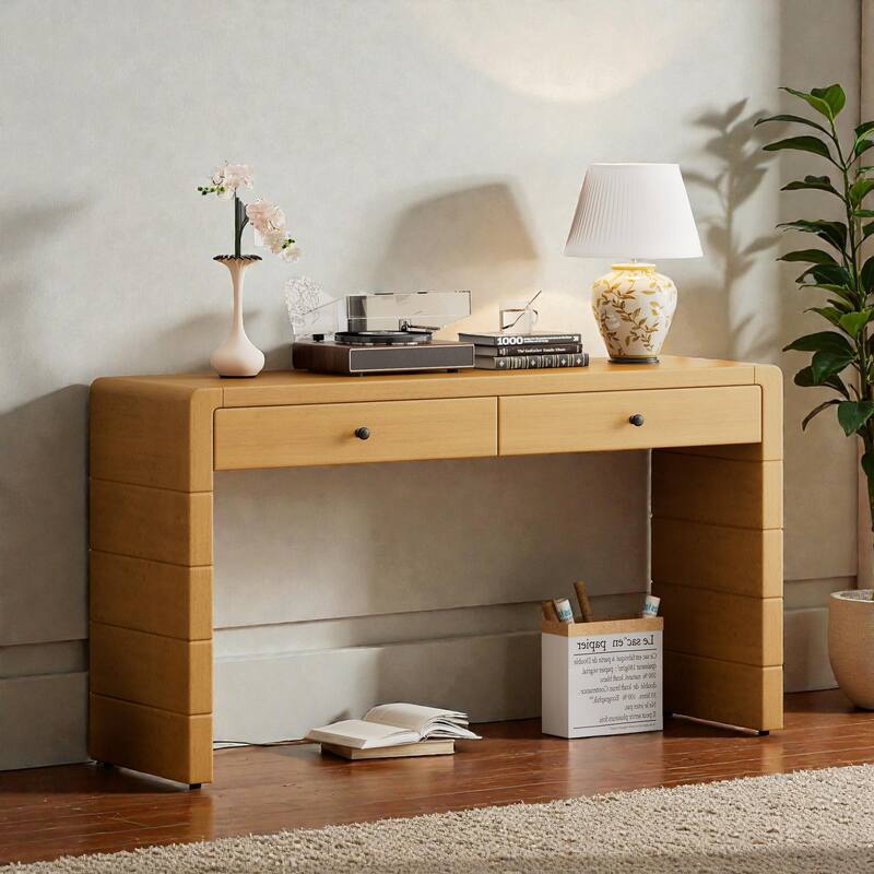 Curved Farmhouse Console Table with Storage, Wooden Entryway Table with 2 Drawers for Hallway - Natural