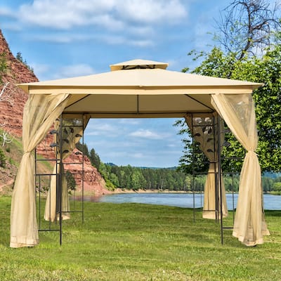 Outsunny 10' x 10' Steel Fabric Rectangle Outdoor Gazebo with Mesh Curtain Sidewalls