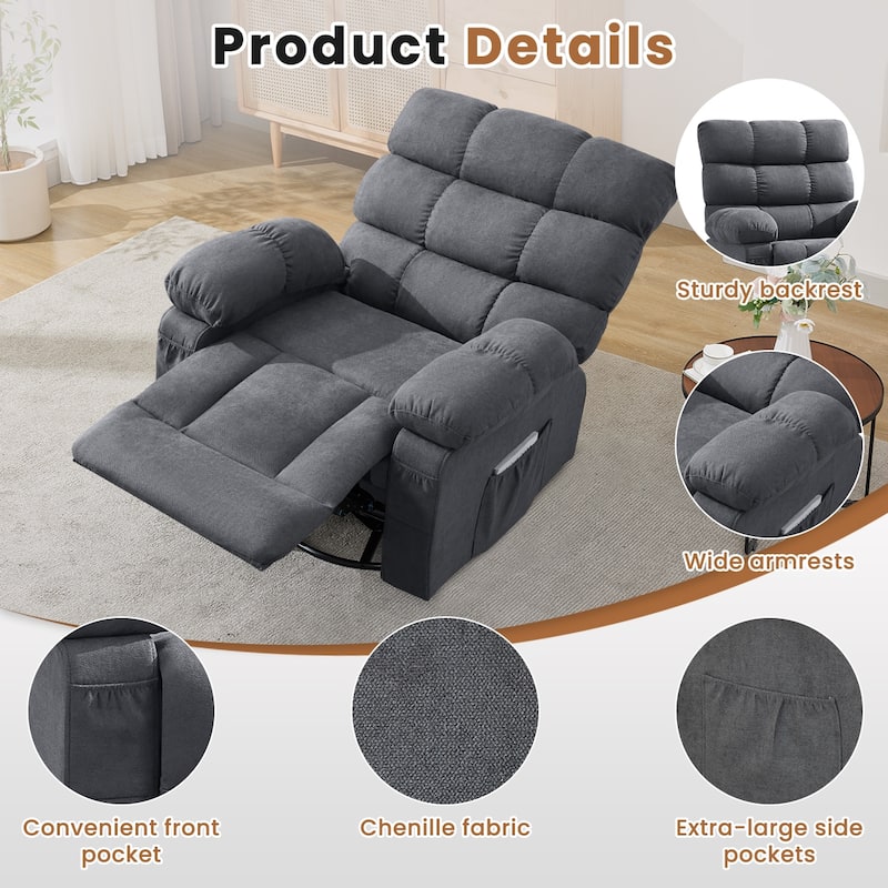 Swivel Rocker Recliner Chair 360° Manual with Side Pockets for Adults