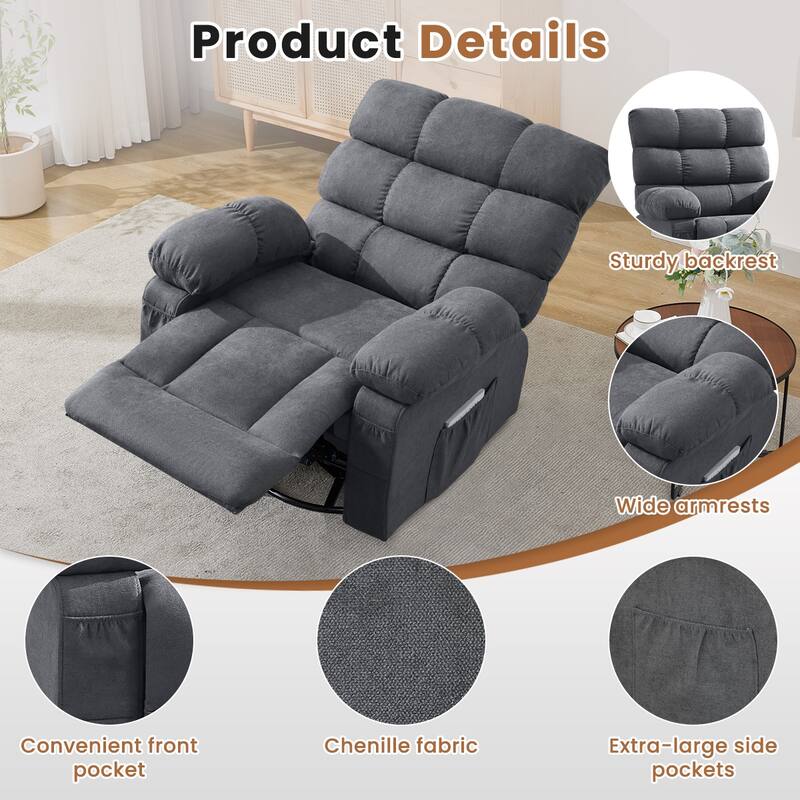 Swivel Rocker Recliner Chair for Adults, 360 Upholstered Manual Recliners, Single Seat Glider Reclining Chair with Side Pockets