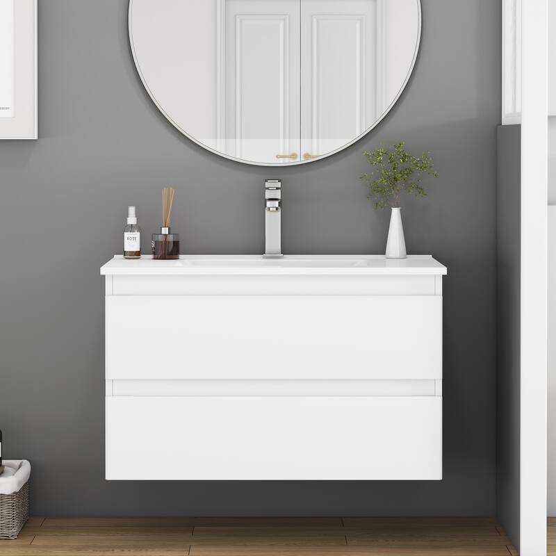 32 Inch Floating Bathroom Vanity with One-piece Ceramic Sink, Wall Mounted Cabinet with 2 Drawers