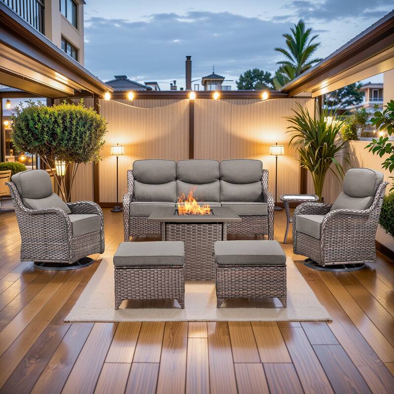 Pocassy 7 Pieces Outdoor 6" Sofa Swivel Chair Ottoman with Fire Pit Table - Brown Wicker - Gray cushion