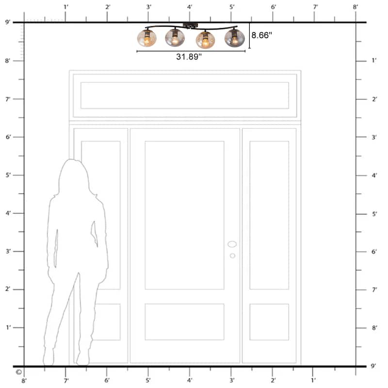 4 Lights Linear Metal Flush Mount Ceiling Light with Smoky and Amber Glass Globes - Dia.31.89-in