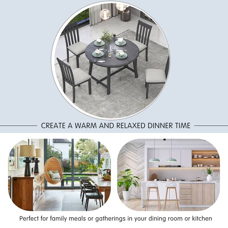 Practical Round Extendable Dining Table with 4 Dining Chairs, 5-Piece Wood Dining Table and Chairs Set for 4