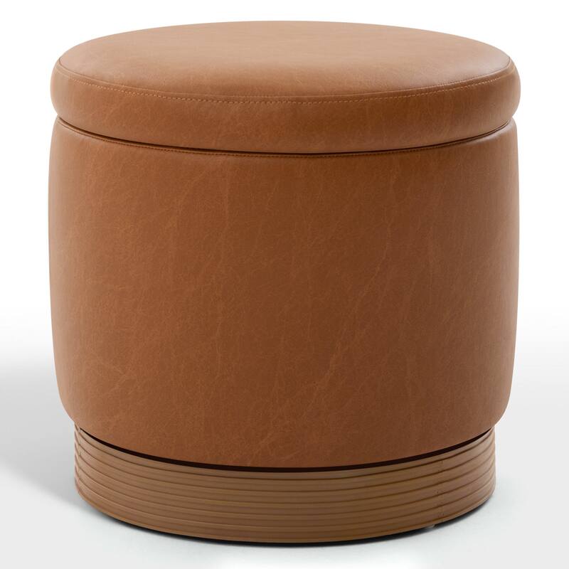 Round Swivel Storage Ottoman Footstool with Flip-top and Acacia Frame