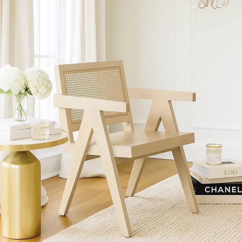 Kato Dining Armchair, Cane Backrest, 24 Inch, Natural Brown Solid Mango Wood