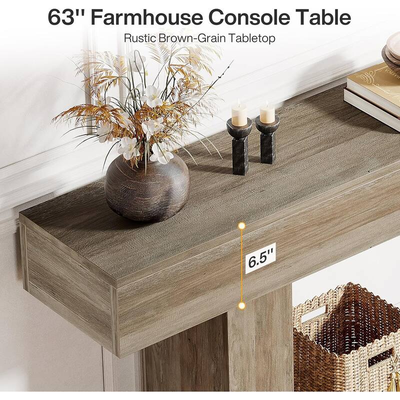 63 Inches Brown and Gray Narrow Long Wood Console Table for Entryway