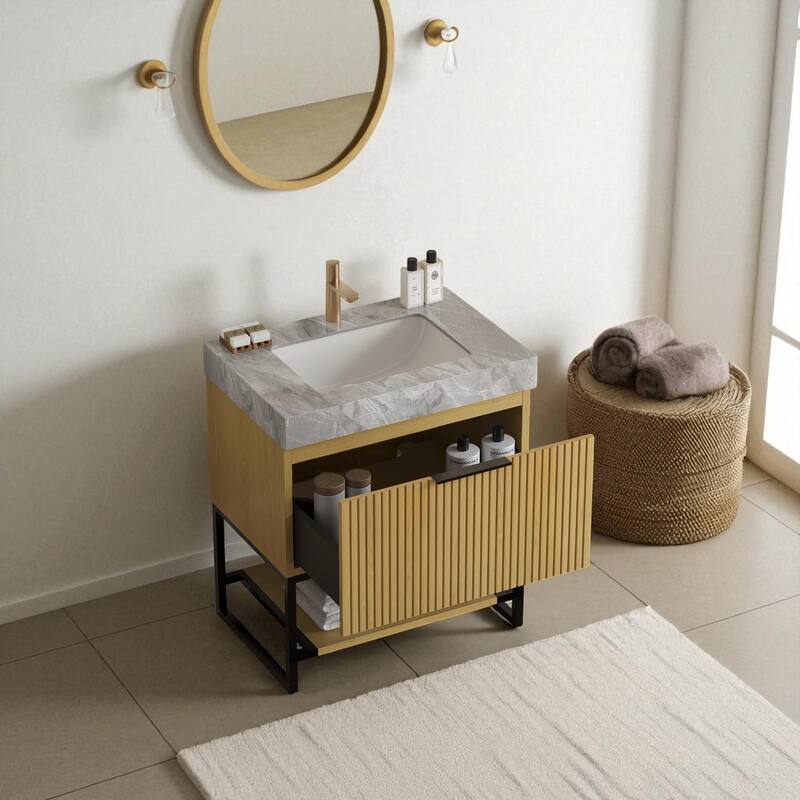 30" Freestanding Bathroom Vanity with Undermount Ceramic Sink Sintered Stone Top Drawer and Open Shelf