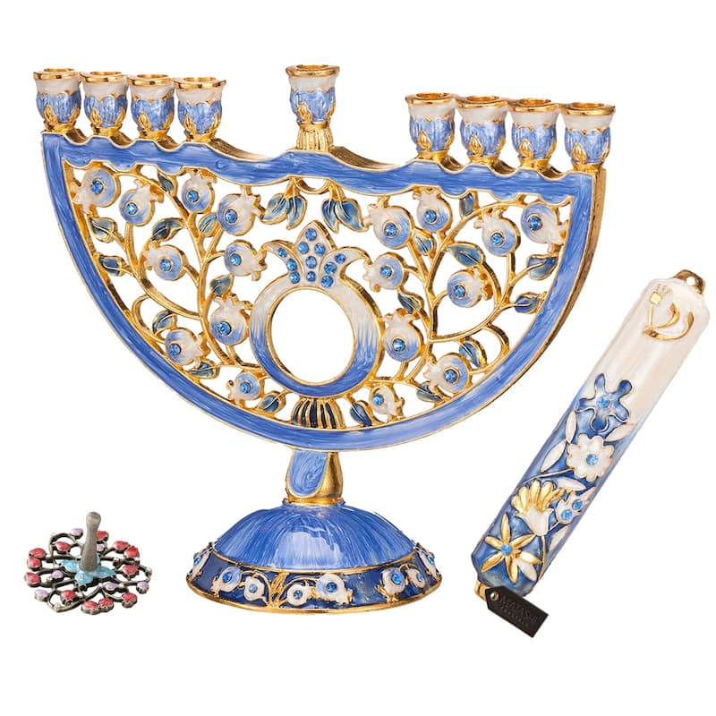 Matashi Hand Painted Hanukkah Menorah Candle Holder w/ Mezuzah and Spinning Dreidel - Blue