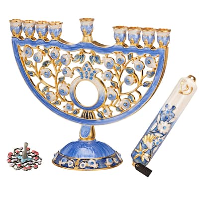 Matashi Hand Painted Hanukkah Menorah Candle Holder w/ Mezuzah and Spinning Dreidel
