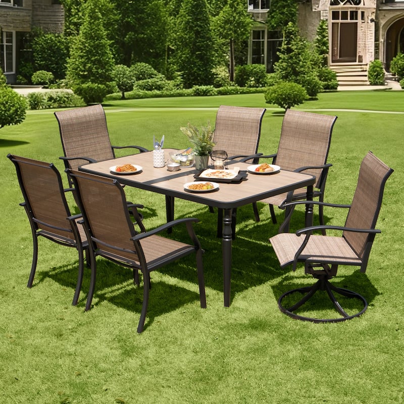 Outdoor Dining Set of 7, Textilene Chairs and Rectangle Metal Dining Table - Brown