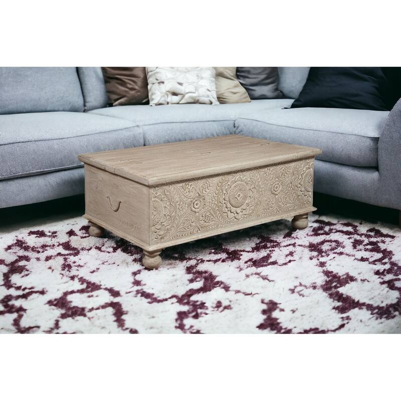 HomeRoots 49" Natural Solid Wood Distressed Lift Top Coffee Table - 49