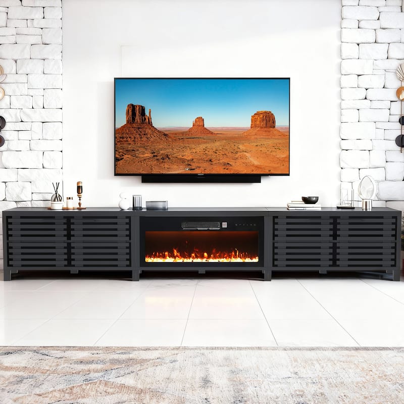 115" Mid-Century Modern Black Electric Fireplace TV Stands for TVs up to 120" with Remote