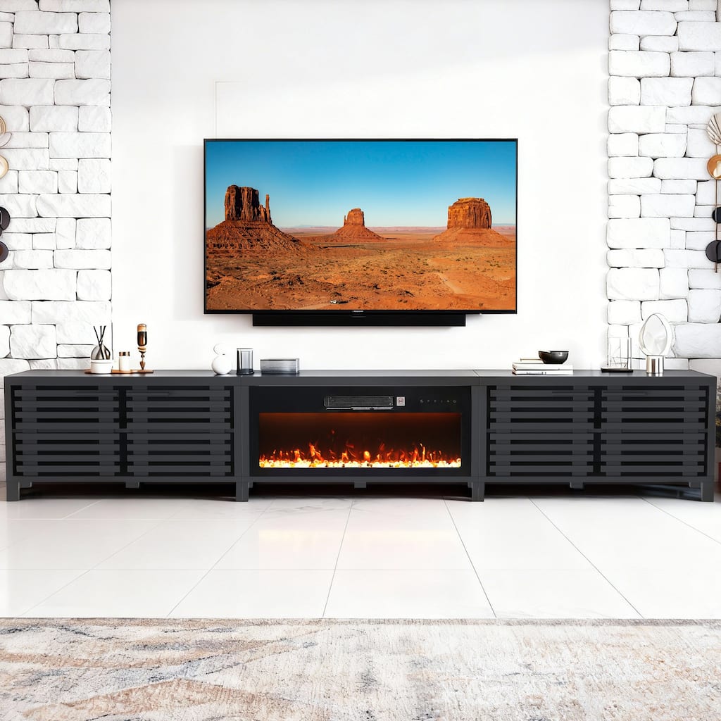 115" Mid-Century Modern Black Electric Fireplace TV Stands for TVs up to 120" with Remote