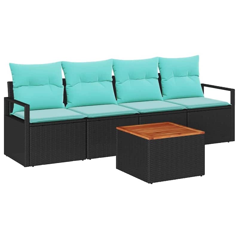 vidaXL 5 Piece Garden Sofa Set with Cushions - Black Poly Rattan Acacia - 90.6×24.4×27.2