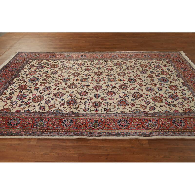 Hand Knotted Oriental 100% Wool Carpet Traditional All-Over Beige & Ivories Sarouk Area Rug - 9' 10'' X 6' 7''
