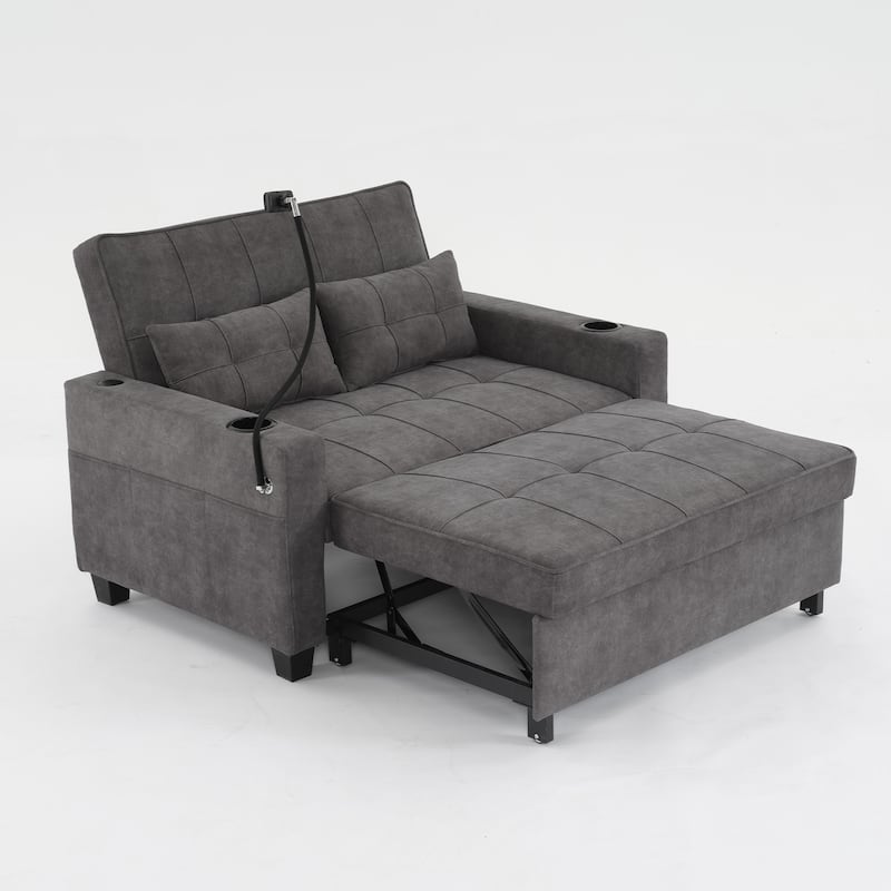 3-in-1 Pull Out Convertible Sleeper Sofa Bed with USB Ports - Dark Grey