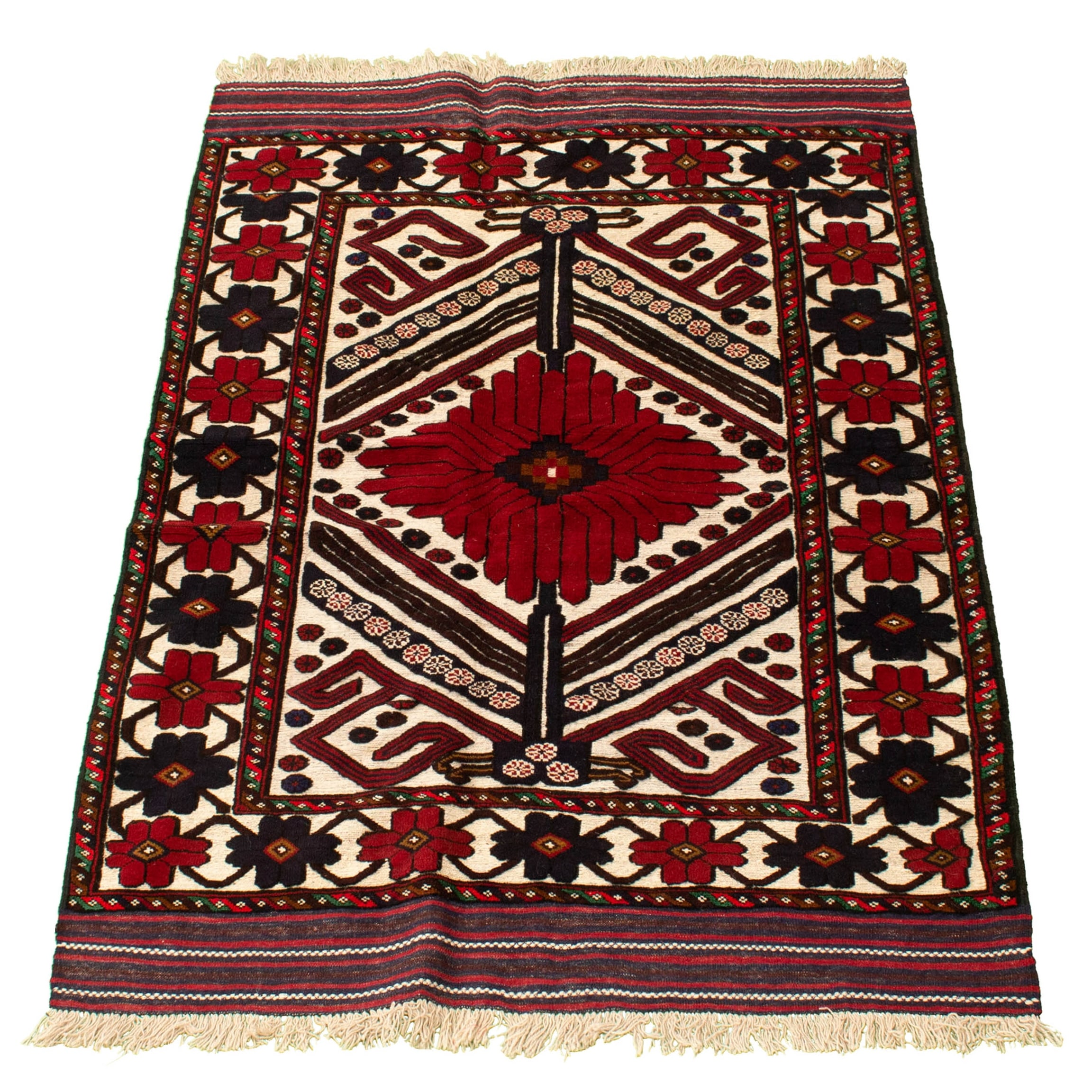 Hand-Knotted Wool Rug Tajik Caucasian Bordered Red Rug 4'0 x 5'11 311593 Bedroom eCarpet Gallery Area Rug for Living Room 