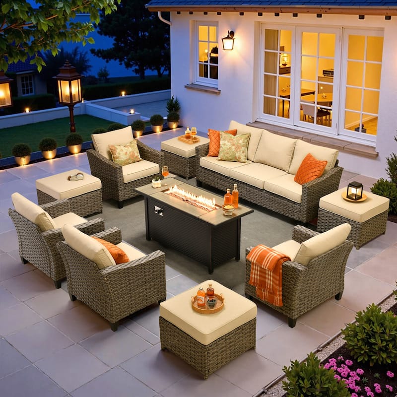​​OVIOS 10-Piece Outdoor Wicker Set with Fire Pit Table​ - Beige