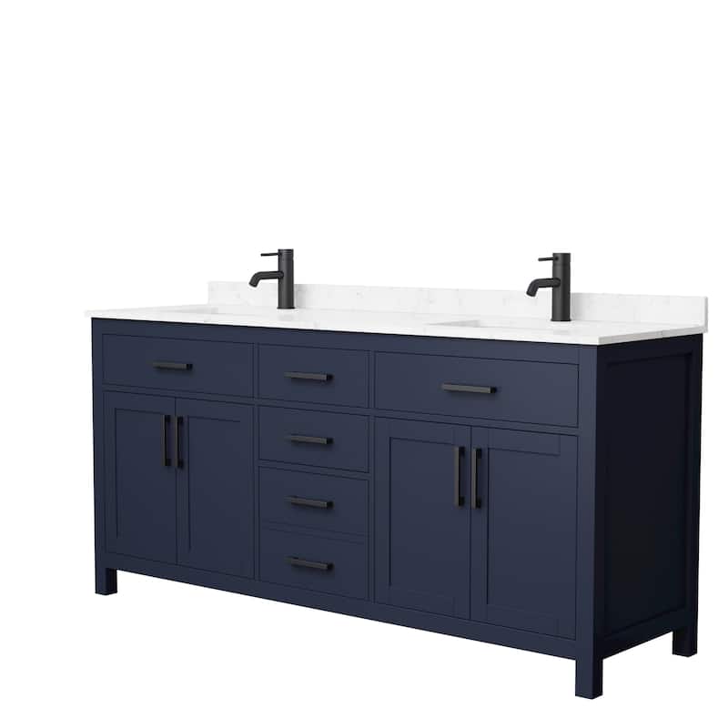 Beckett 72-inch Double Vanity with Cultured Marble Top - Dark Blue, Black Trim, Carrara Cultured Marble Top