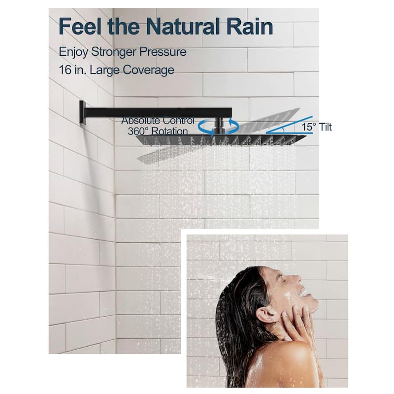 GRANDJOY Shower System Dual Shower Heads 16" and 6" Wall Mounted High Pressure Handheld Spray 6 Body Jets Thermostatic