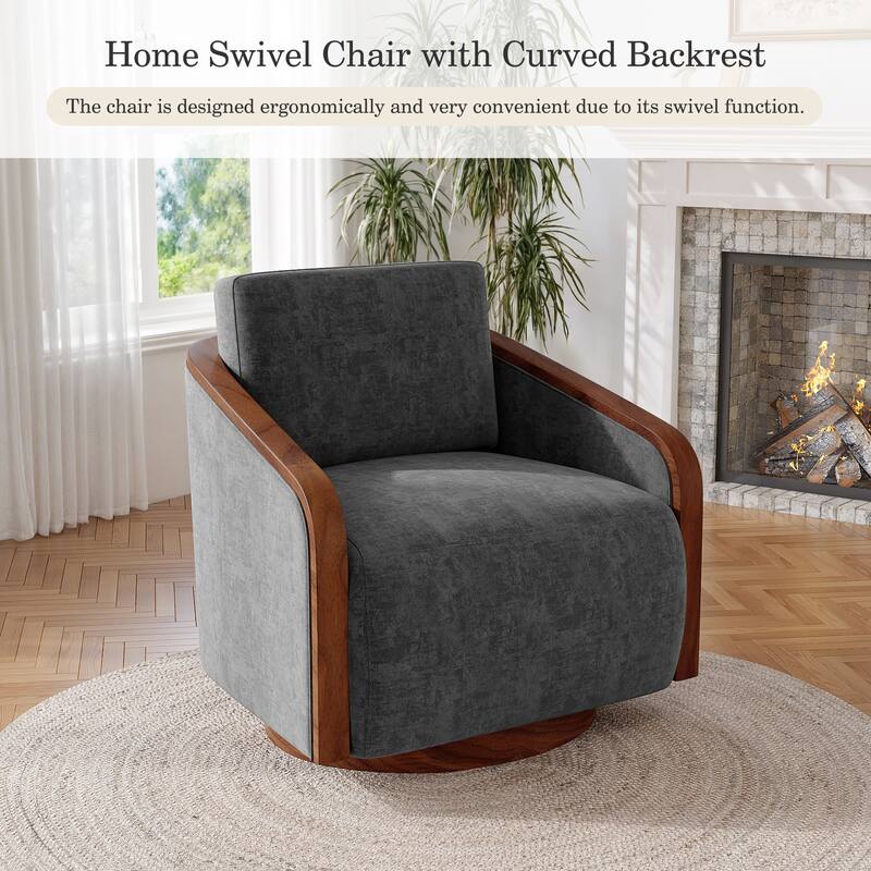 Upholstered Swivel Barrel Chair with Curved Wood Arms