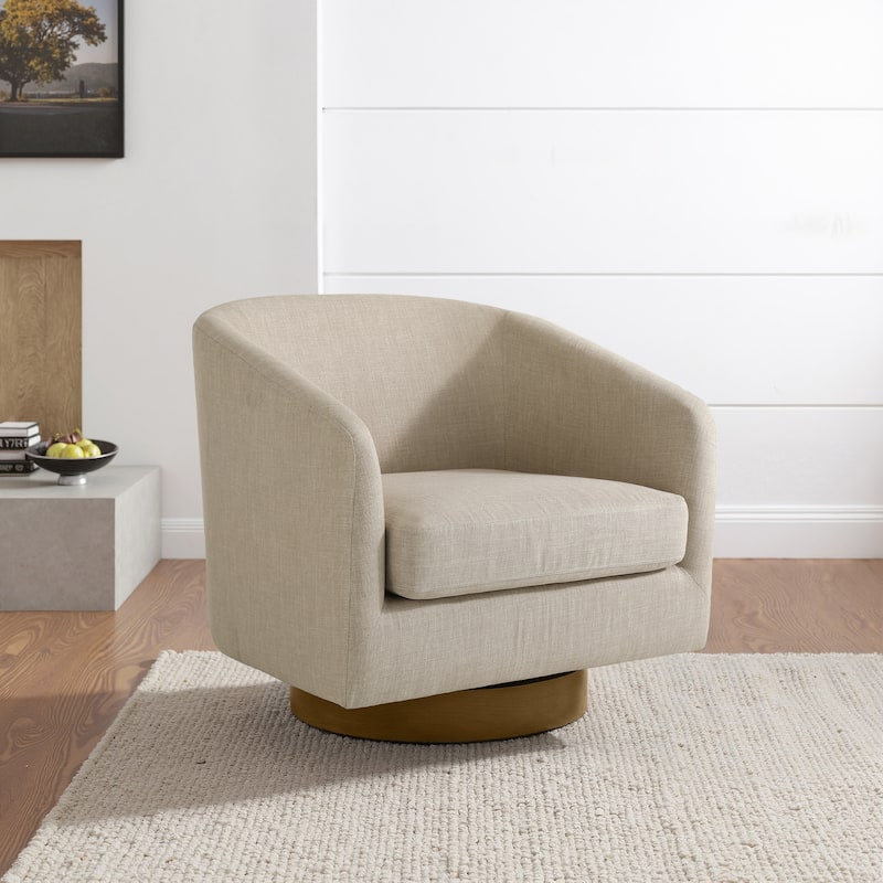 Faux Leather Wide Seat Swivel Barrel Chair - Single/Brown Base - Light Brown/Linen