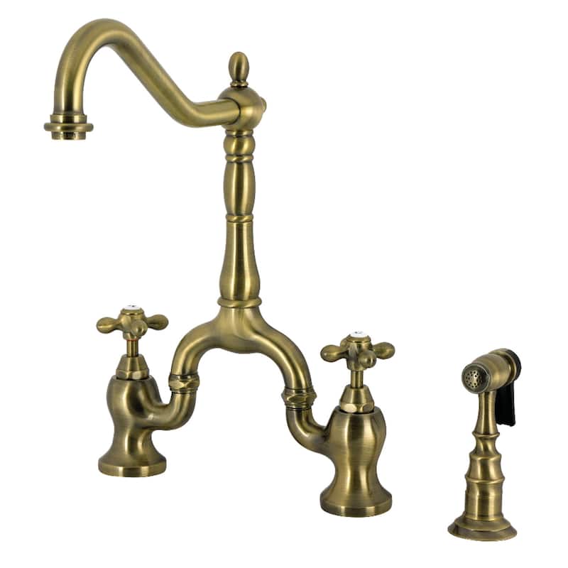 Kingston Brass English Country Bridge Kitchen Faucets with Brass Sprayer - Antique Brass