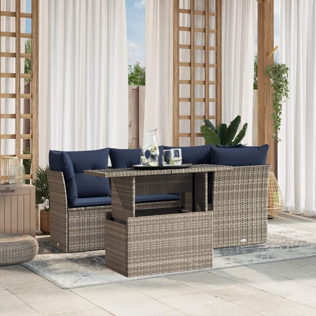 vidaXL Patio Sofa Set with Cushions Modular Outdoor Seating 5 Piece Poly Rattan