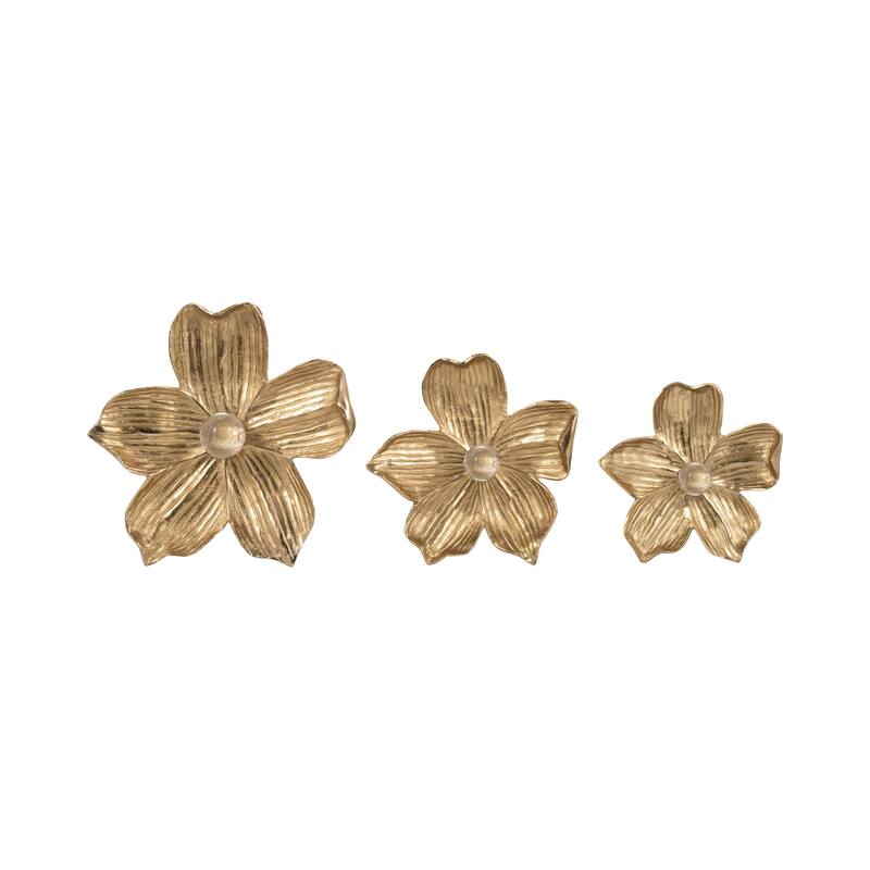 Modern Five Petal Flower Decorative Wall Art Sculpture- Set of 3, 18", Gold