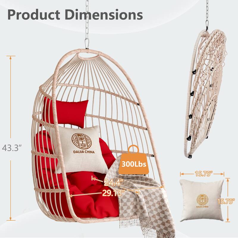 Hanging Chair PE Hanging Chair with Stainless Steel Suspension kit, Outdoor Garden Rattan Egg Swing Chair with Cushion