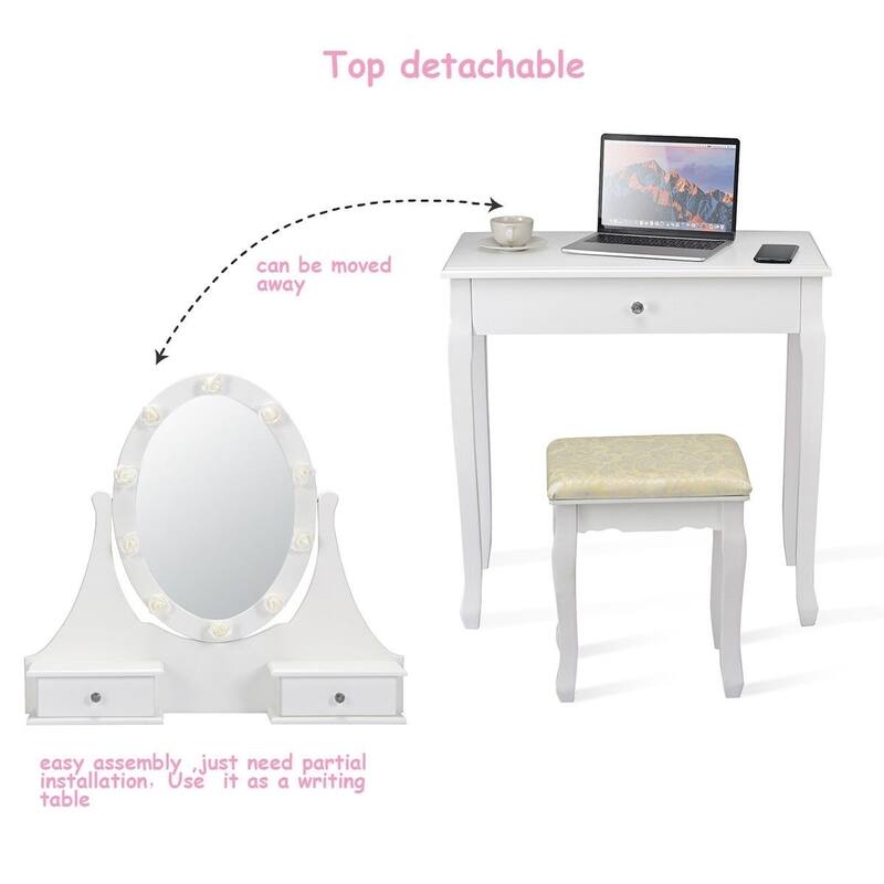 5 Drawers Vanity Table Stool Set with 12-LED Bulbs - 31.5" x 16" x 55" (L x W x H)