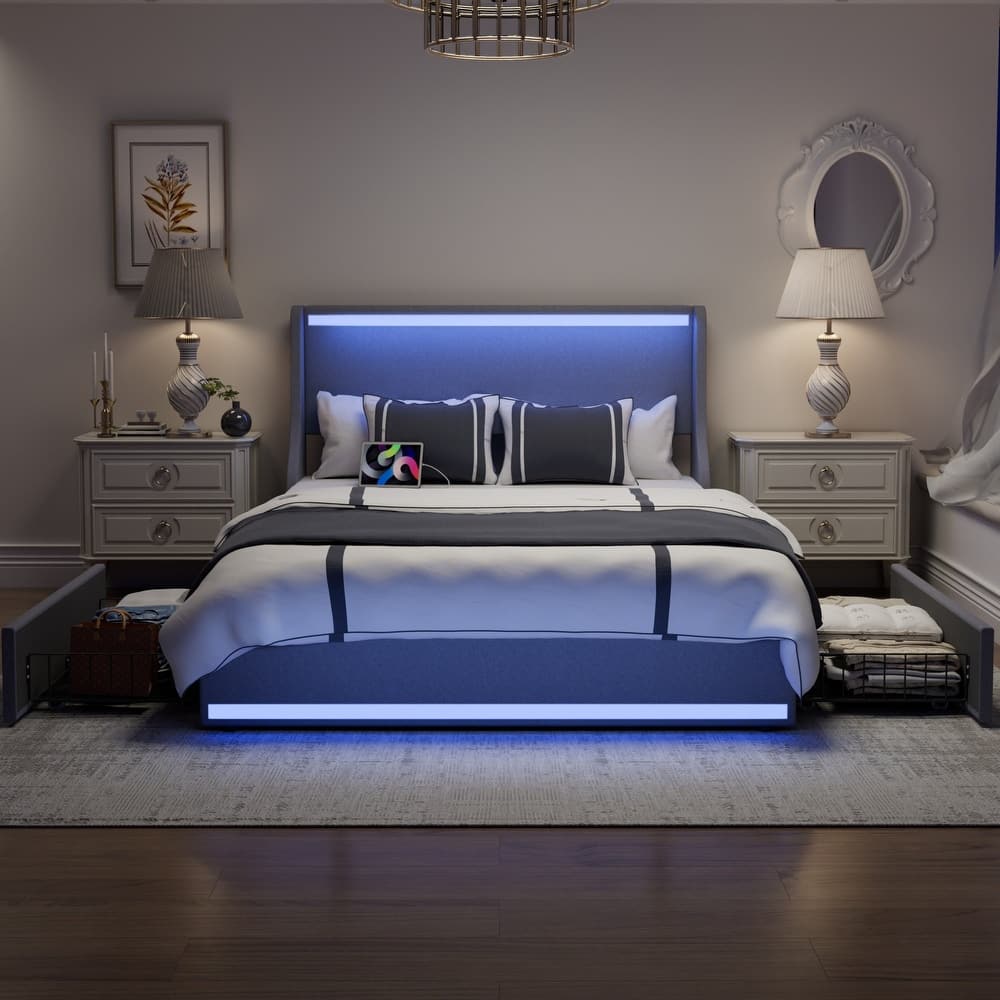 Javlergo Bed Frame with LED Lights and Charging Station Linen Fabric Bed with Drawers Wooden Slats